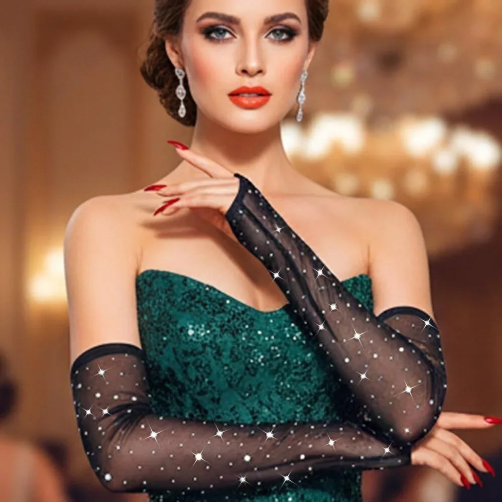 Women's Rhinestone Long Mesh Gloves Fingerless Elbow Length Arm Sleeves Prom